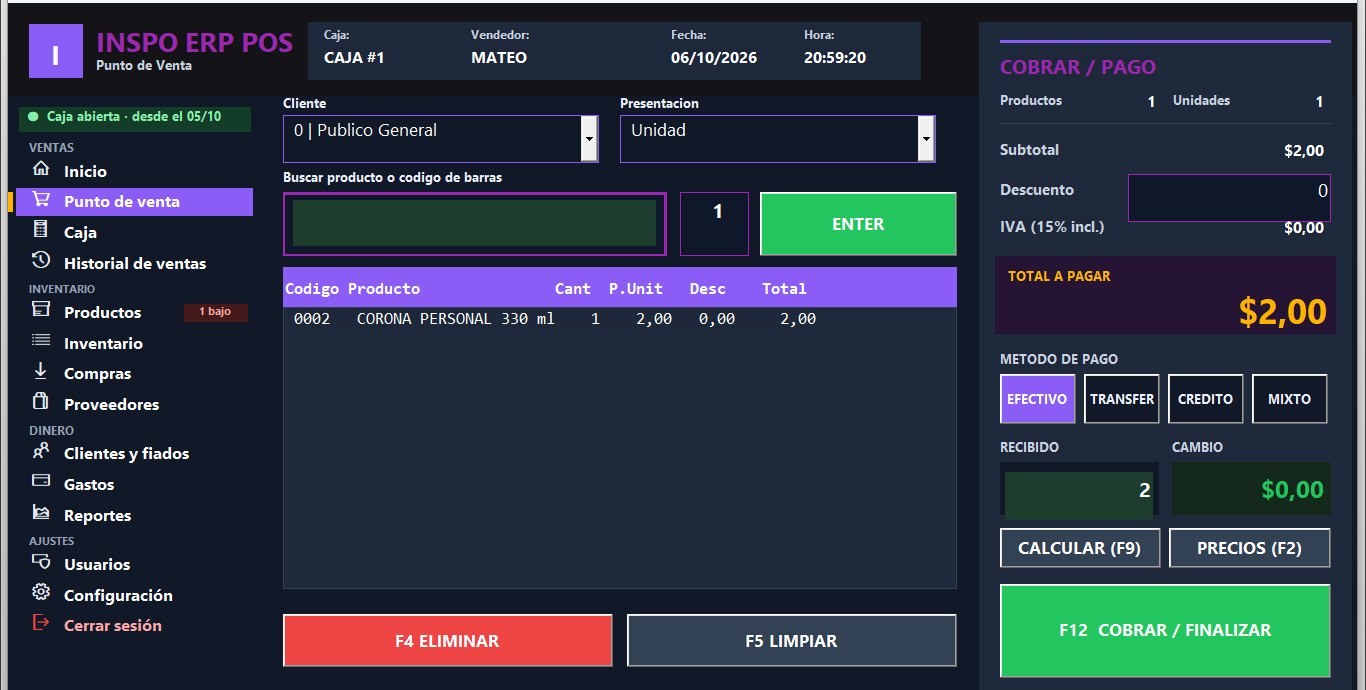 Pantalla de punto de venta de INSPO ERP con el total a pagar