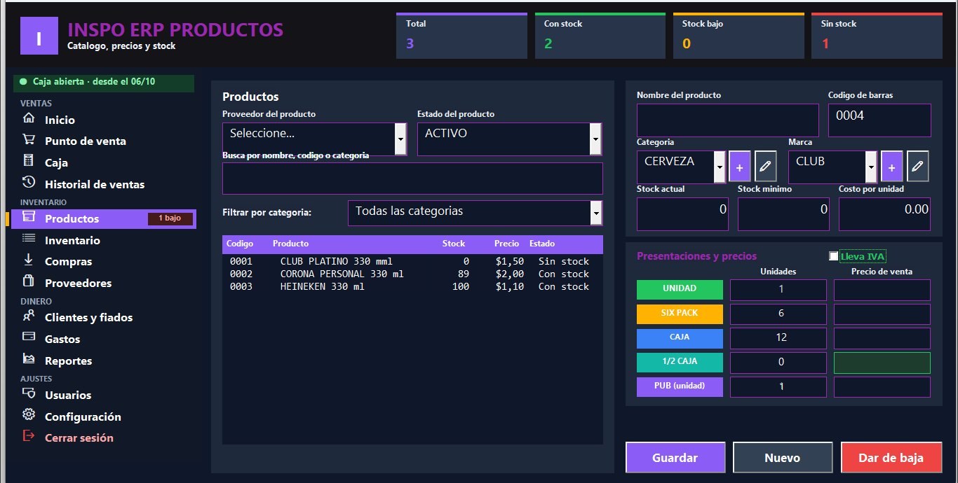 Pantalla de productos con presentaciones y precios