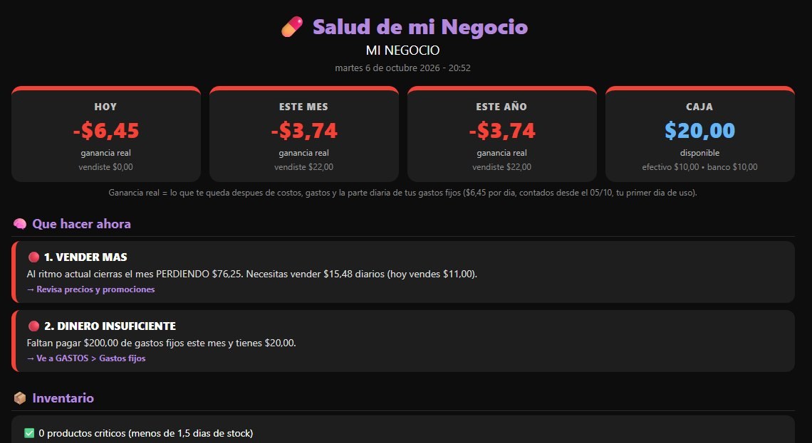 Pantalla Salud de mi negocio con ganancia real y recomendaciones